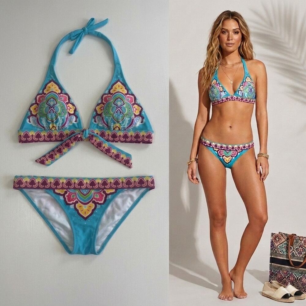 Victoria's Secret Boho Mosaic Halter Bikini Set Top Med Bottom Small Y2K Vintage